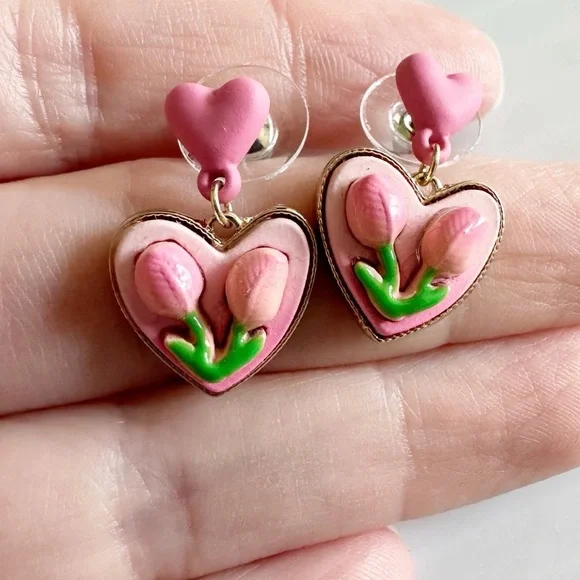 Pink Heart Tulip Earrings Gold Tone Pierced Ears Dangle - Picture 1 of 5